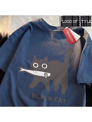 Tarz Sokak Eğlenceli Bir Siyah Kedi Balık Yeme Japon Tarzı Erkek Kadın T-Shirt Moda Baskı T Shirt Nefes