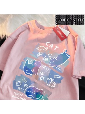 Tarz Sokak Eğlenceli Yaramaz Kedi Baskı Japon Tarzı T-Shirt Erkek Kadın Moda T Shirt Nefes Yazlık T-Shir