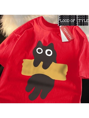 Tarz Sokak Eğlenceli Yapışkan Bant Kedi Baskı Japon Tarzı Kısa Kollu Erkek Kadın Pamuk Büyük Boy T-Shirt