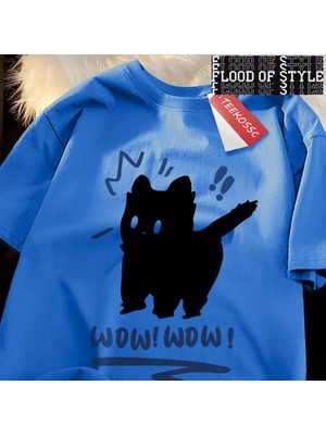 Tarz Sokak Wow Wow Eğlenceli Siyah Kedi Baskı Japon Tarzı Erkek Kadın Üst Moda T Shirt Pamuk Bol Tişört