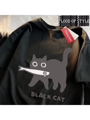 Tarz Sokak Eğlenceli Bir Siyah Kedi Balık Yeme Japon Tarzı Erkek Kadın T-Shirt Moda Baskı T Shirt Nefes