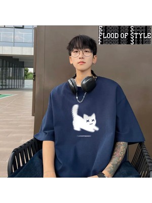 Tarz Sokak Erkek Büyük Boy T-Shirt Pamuk T Gömlek Beyaz Erkekler Için Rahat Yaz Giyim Kedi Anime Baskı M