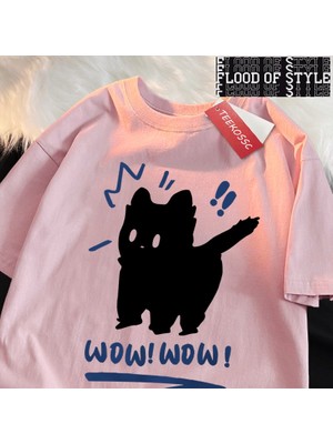 Tarz Sokak Wow Wow Eğlenceli Siyah Kedi Baskı Japon Tarzı Erkek Kadın Üst Moda T Shirt Pamuk Bol Tişört