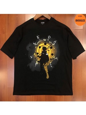 Tarz Sokak Naruto Sarı Seal Baskılı Oversize Siyah