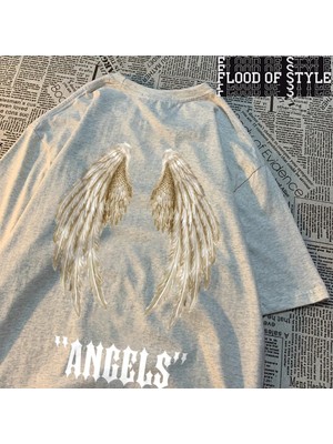 Tarz Sokak Melek Büyük Kanatları Bir Çift Beyaz Desen Erkek T-Shirt Hip Hop Nefes Tee Giysi Moda Kalite