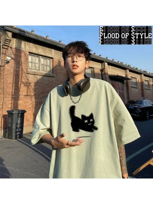 Tarz Sokak Erkek Büyük Boy T-Shirt Pamuk T Gömlek Beyaz Erkekler Için Rahat Yaz Giyim Kedi Anime Baskı M