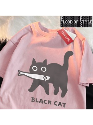 Tarz Sokak Eğlenceli Bir Siyah Kedi Balık Yeme Japon Tarzı Erkek Kadın T-Shirt Moda Baskı T Shirt Nefes