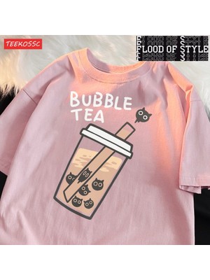 Tarz Sokak Kedi Inci Süt Çay Karikatür Adam T Gömlek Uydurma Gevşek Tee Giyim Eğlence Omuz Damla T-Shirt