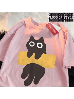 Tarz Sokak Eğlenceli Yapışkan Bant Kedi Baskı Japon Tarzı Kısa Kollu Erkek Kadın Pamuk Büyük Boy T-Shirt