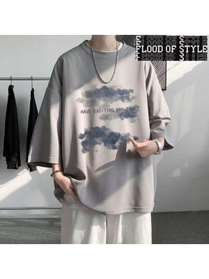 Tarz Sokak 2023 Yaz Y2K Yüksek Sokak 3/4 Kollu T-Shirt Adam Yuvarlak Boyun Baskı Boy Yeni Gevşek Kişilik