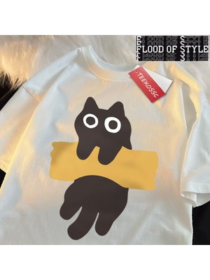 Tarz Sokak Eğlenceli Yapışkan Bant Kedi Baskı Japon Tarzı Kısa Kollu Erkek Kadın Pamuk Büyük Boy T-Shirt