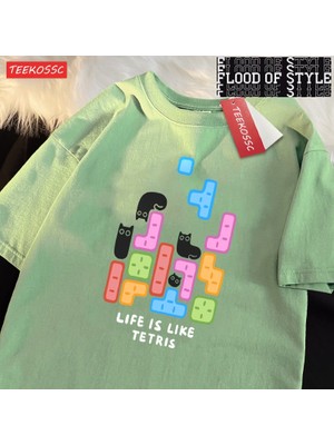 Tarz Sokak Blok Siyah Kedi Sevimli Küçük Catmale T-Shirt Grafik Pamuklu Tişörtler Yüksek Kaliteli Serin