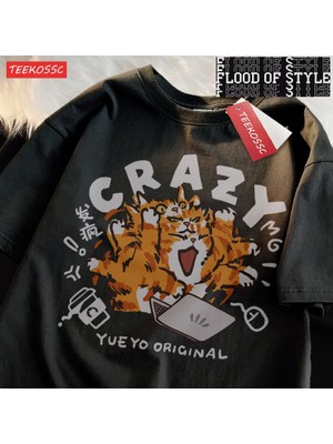 Tarz Sokak Çılgın Turuncu Kedi Açık Yeşil Komik Kedi Çalışma Omuz Damla Kısa Kollu Tişört Kadınlar Için