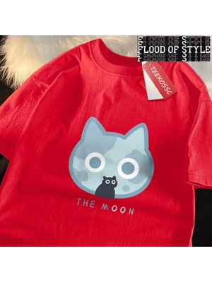 Tarz Sokak Ay Mavi Kedi Eğlenceli Japon Tarzı Erkek Kadın T-Shirt Pamuk Boy Kısa Kollu Gömlek Bol Tişört