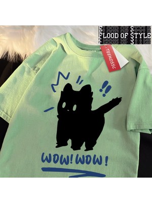 Tarz Sokak Wow Wow Eğlenceli Siyah Kedi Baskı Japon Tarzı Erkek Kadın Üst Moda T Shirt Pamuk Bol Tişört