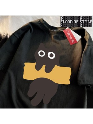 Tarz Sokak Eğlenceli Yapışkan Bant Kedi Baskı Japon Tarzı Kısa Kollu Erkek Kadın Pamuk Büyük Boy T-Shirt
