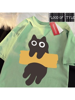Tarz Sokak Eğlenceli Yapışkan Bant Kedi Baskı Japon Tarzı Kısa Kollu Erkek Kadın Pamuk Büyük Boy T-Shirt