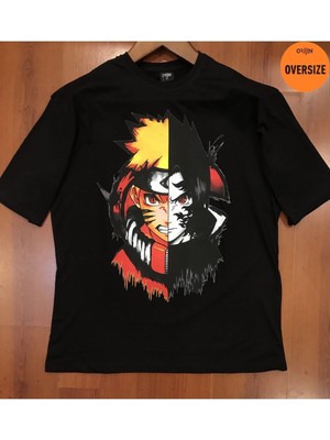 Tarz Sokak Naruto Iki Yüz Baskılı Oversize Siyah