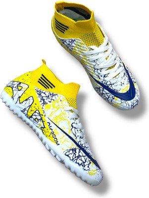 Laliga Çoraplı Airboom Halısaha Ayakkabı Beyaz Sarı Lacivert Desenli