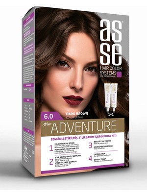 Asse Adventure Set Saç Boyası, Kalıcı ve Canlı Renkler 1+1 İki Kullanım Seti (No:6.0 Koyu Kumral)