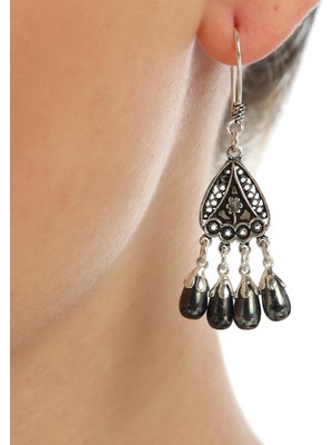 Nusret Takı Siyah İnci Taşlı 925 Ayar Gümüş Telkari Küpe