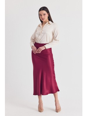 Bordo Beli Lastikli Saten Midi Etek 9427