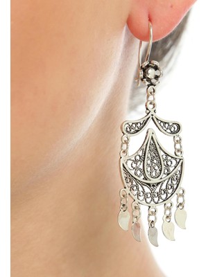 Nusret Takı 925 Ayar Gümüş Ay ve Damla Motifli Telkari Küpe