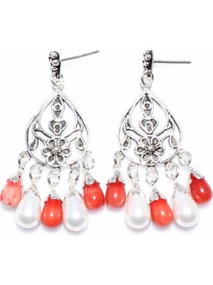 Nusret Takı Mercan ve İnci Taşlı 925 Ayar Gümüş Telkari Küpe