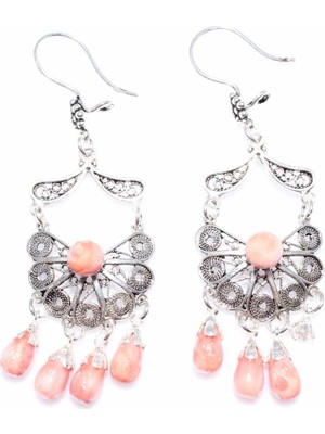 Nusret Takı 925 Ayar Gümüş Yelpaze Desenli Mercan Taşlı Telkari Küpe