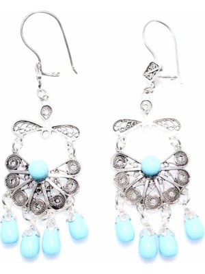 Nusret Takı 925 Ayar Gümüş Yelpaze Desenli Turkuaz Taşlı Telkari Küpe