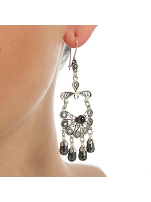 Nusret Takı 925 Ayar Gümüş Yelpaze Desenli Siyah İnci Taşlı Telkari Küpe