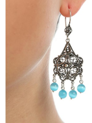 Nusret Takı 925 Ayar Gümüş Kedi Gözü Taşlı Çiçek Motifli Telkari Küpe