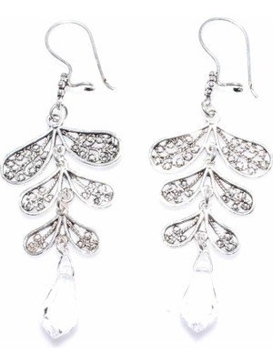 Nusret Takı Swarowski Taşlı Yaprak Motifli Sallantılı 925 Ayar Gümüş Telkari Küpe