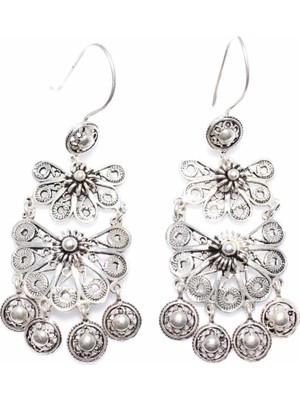 Nusret Takı 925 Ayar Gümüş Yelpaze Desenli Sallantılı Telkari Küpe