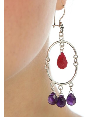 Nusret Takı 925 Ayar Gümüş Yarım Yuvarlak Damla Yakut Ve Ametist Taşlı Küpe