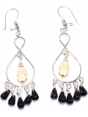 Nusret Takı 925 Ayar Gümüş Sekiz Modeli Oniks ve Dumanlı Kuvars Taşlı Telkari Küpe