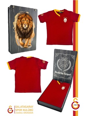 Galatasaray  Lisanslı Kırmızı Basic Çocuk T-Shirt Gs Aslan Baskılı Hediyelik Ahşap Kutulu