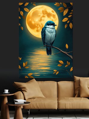 Dolunay Altında Serin Mavi Kuş Dekoratif Kanvas - Mdf Ahşap Tablo