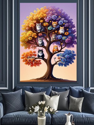 Renkli Kedi Ağacında Uyku Dekoratif Kanvas - Mdf Ahşap Tablo
