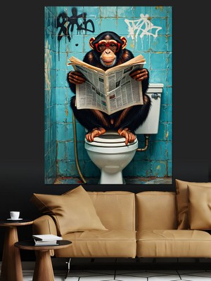 Maymunun Gazete Tuvalette Okuyor Dekoratif Kanvas - Mdf Ahşap Tablo