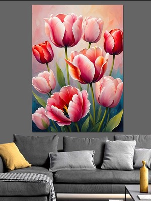 Pembe Beyaz Lale Baharı Dekoratif Kanvas - Mdf Ahşap Tablo