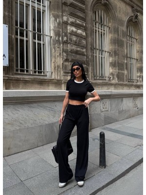 Deniz Home Wear Yaka Kol Garnili Kaşkorse Dokuma Pamuk Kumaş Kadın Alt Üst Takım
