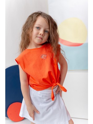 Kız Çocuk Nakış Detaylı Crop T-Shirt - Coral