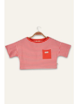 Kız Çocuk Çizgili Çep Detaylı Crop T-Shirt - Coral Çizgili