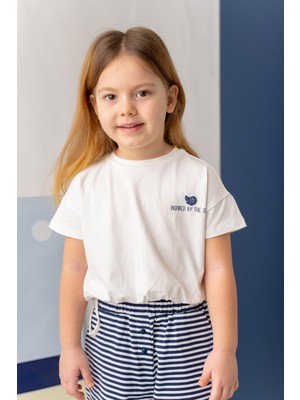 Kız Çocuk Hawai Baskılı Crop T-Shirt - Ekru