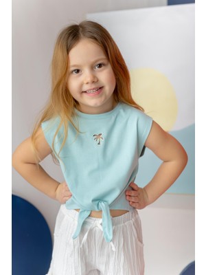 Kız Çocuk Nakış Detaylı Crop T-Shirt - Mint