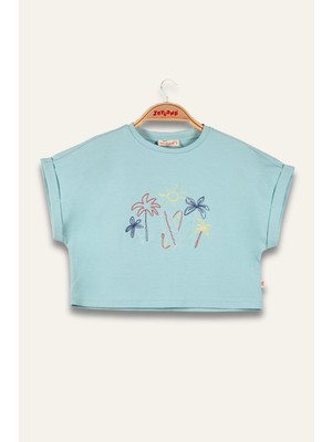 Kız Çocuk Nakış Detaylı Crop T-Shirt - Mint