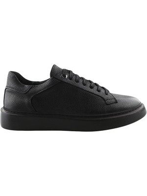 Siyah  Deri Bağcıklı Günlük Sneaker Ayakkabı