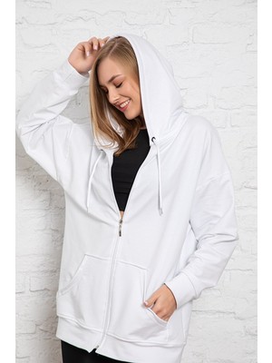Beyaz Kapüşonlu Oversize/geniş Kalıp Fermuarlı Kapüşonlu Kalın Içi Polarlı Sweatshirt K-501