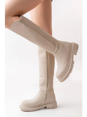 ZenaLook 812-305 Bej Arkası Streç Fermuarlı Günlük Kadın Çizme